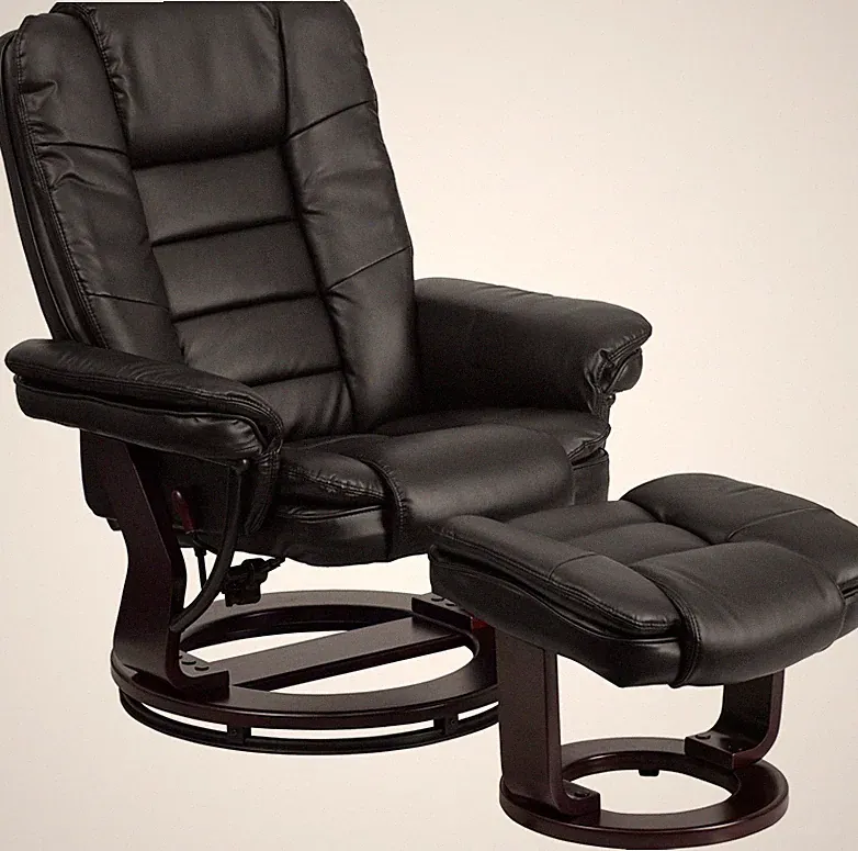Contemporary Black Leather Recliner and Ottoman - Swiveling Mahogany Wood Base