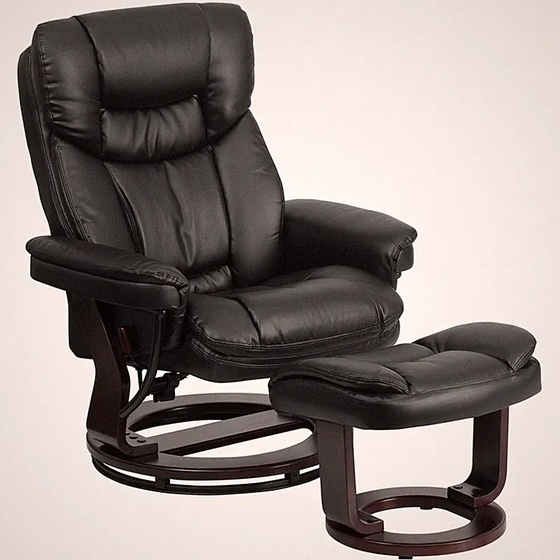 Contemporary Black Leather Recliner and Ottoman w/ Swiveling Mahogany Wood Base