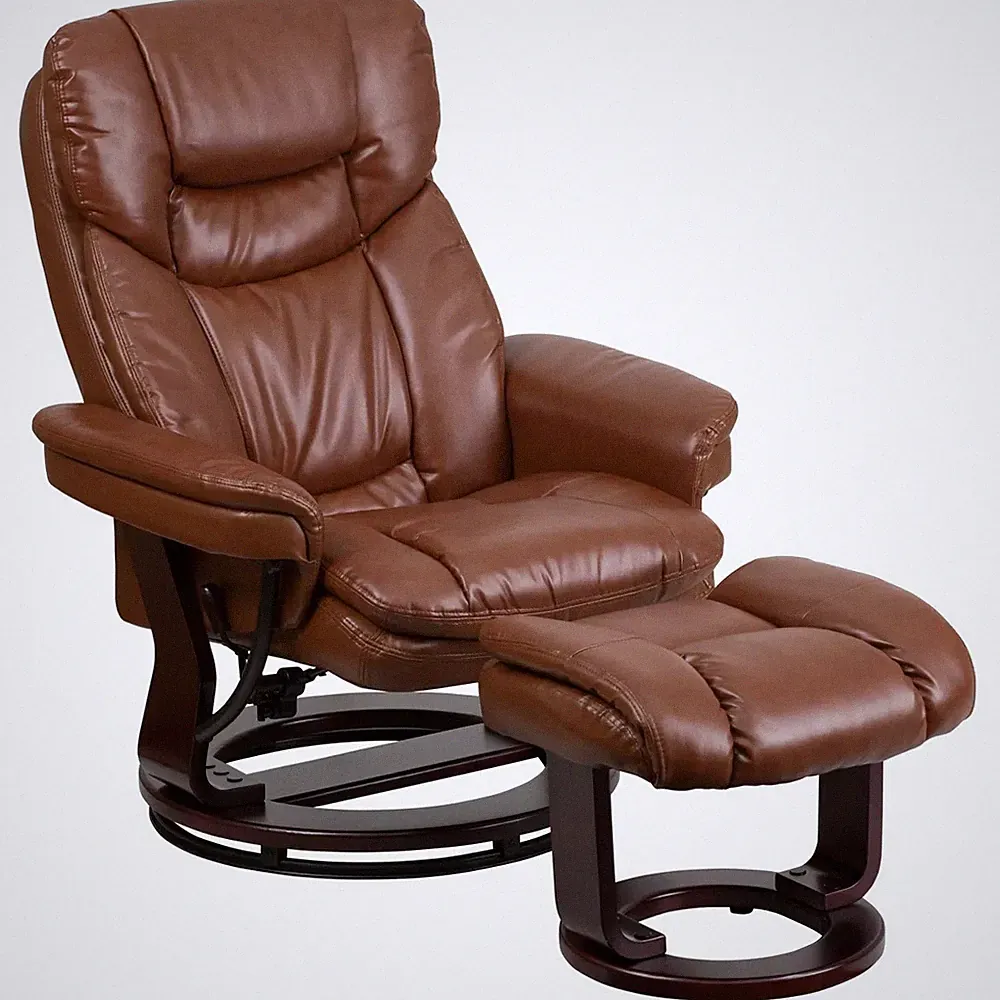 Contemporary Brown Leather Recliner and Ottoman w/ Swiveling Mahogany Wood Base