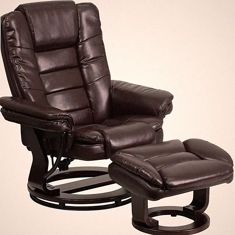 Contemporary Brown Leather Recliner and Ottoman with Swivel Mahogany Wood Base