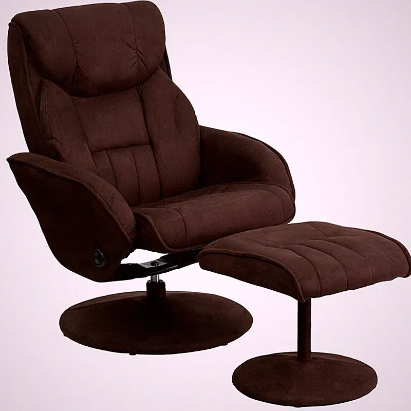 Contemporary Brown Microfiber Recliner and Ottoman with Microfiber Wrapped Base